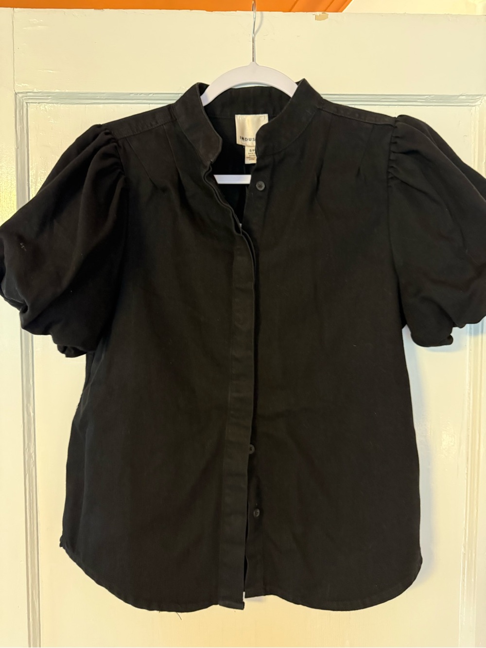 Industry Republic Clothing Black Denim Puff Sleeve Button Down Shirt